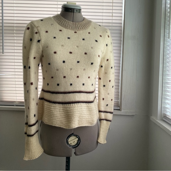 Women's Handknit Sweater Off White Brown Polka Dot Long Sleeve Size Handmade XXS - Picture 5 of 9